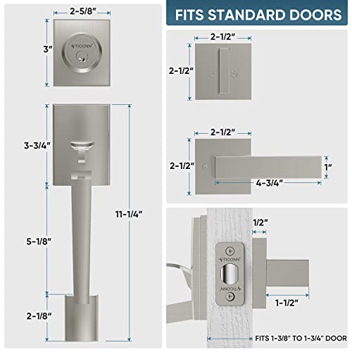 Image of TICONN Front Door Handle Set, Heavy Duty Square Door Lever & Single Cylinder Deadbolt Combo Reversible for Entrance Exterior Doors (Satin Nickel)