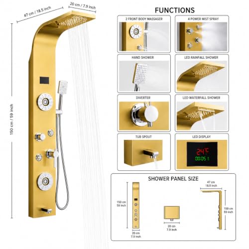 Image of ZeeCry 7 in 1 Full Set Stainless Steel 304 Shower Panel for Bathroom with Hand Shower /Showerhead /Body Massage Jets /Shower System with Hot & Cold Mixer (3 function hand shower) (Gold)