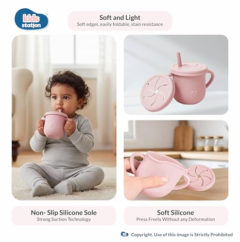 Image of Kids Station Whale Design 8-Piece Silicone Feeding Set for Babies | BPA-Free, Suction Bowl, Plate, Spoon, Fork, Bib, Cup & Straw - Dishwasher Safe | Ideal for Infants & Toddlers (Pack of 8, Pink)