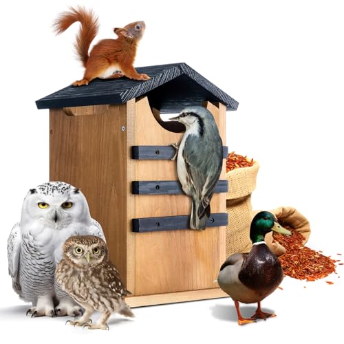 Chunful Cedar Squirrel House,Barn Owl Nesting Box, Bird House Outside,Duck Nesting Shelter,Rustic Big Squirrel Shelter & Birdhouse Combo,Wooden Heavy Wildlife Box,Carbonized Assemble Needed