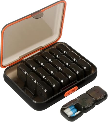 Image of 21 girds Pill Organizer 7 Day, 3 Times a Day Large Weekly Pill Box, Push Button Daily Pill Case for Vitamin, Fish Oil, Supplements Waterproof | Black | 01 Pcs