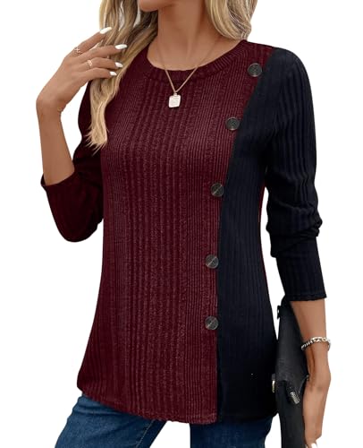 BAISHENGGT Tunic Tops for Women Dressy Casual Color Contrast Long Sleeve Blouse Crew Neck Streetwear T Shirts