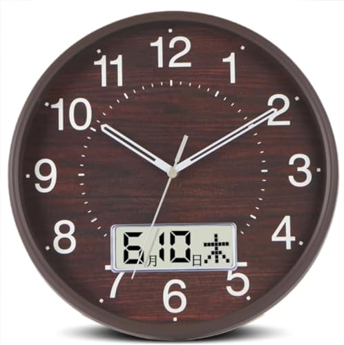 Nbdeal 掛け時計 電波時計 静音 連続秒針 直径35cm 大型液晶 日付 曜日表示 ブラウン DBKF-4837