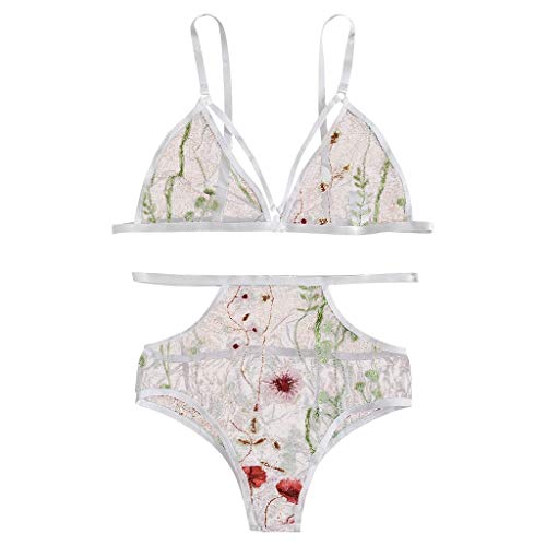 Atezch_ Embroidery Bra and G-String Thong Sleepwear Lace Halter Underwear Lingerie Teddy Babydoll 2 Piece Sexy Bra and Panty Sets (White, XXXL)