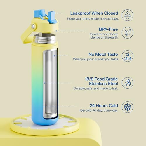 Image of ENCOOL Insulated Water Bottle with Straw Stainless Steel Water Bottle, Leak-Proof, BPA-Free, Double Wall Vacuum Keeps Cold for 24 Hours for Sports, Travel, School (26 oz, Soft Lagoon)