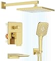 Gabrylly Shower System with Tub Spout, Wall Mounted Shower Faucet Set for Bathroom with High Pressure 10" Rain Shower head and 3-Setting Handheld Shower Head Set,Brushed Gold