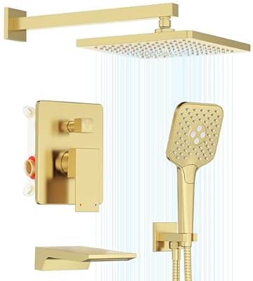 Gabrylly Shower System with Tub Spout, Wall Mounted Shower Faucet Set for Bathroom with High Pressure 10" Rain Shower head and 3-Setting Handheld Shower Head Set,Brushed Gold