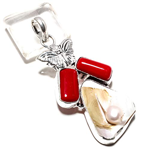 Pendentif perles de Biwa artisanat argent 925 et vrai corail rouge