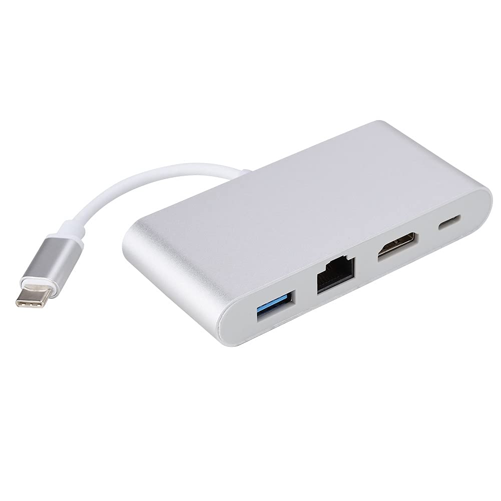 Convertitore 4 in 1 Type-C a USB 3.0, RJ45, HDMI e PD, hub adattatore video 4K con porta Ethernet, dongle multiporta compatto in alluminio per laptop e tablet