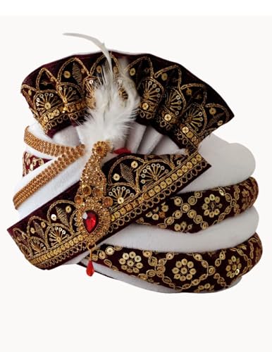 Image of BookMyCostume Dulha & Royal Wedding Turban Collection - Premium Silk, Velvet, Zari Work Safa with Kalgi & Brooch - Traditional Indian Dulha Pagdi /Sehra Perfect for Weddings & Role Plays for Men & Kids