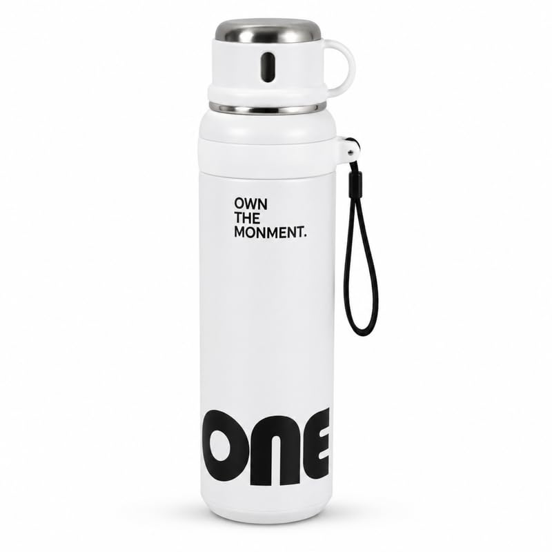 Image of Homero Premium Steel Bottle 1 Litre 1L, Stylish Water Bottle with Cup & Straw, Leak Proof Sleek Metal Design for Office, Gym, School, College & Travel Use - Classic White
