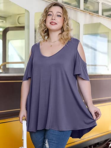 Larace Cold Shoulder Tops For Womens Plus Size Shirts V Neck Tunic Ruffle Sleeve T-Shirts Loose Summer Clothes(Grayishpurple 1X) #TOP2