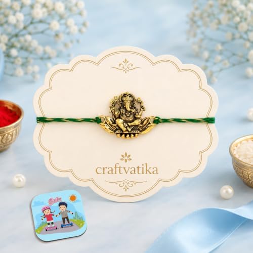 CraftVatika Ganesha Rakhi Gift Combo Set for Brother Boy Men, Premium Designer Rakhi Set of 1 for Brother Bhaiya, Rakhis with Fridge Magnet, Rakshaban