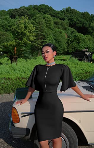 Image of Memoriesea Women's Basic Bodycon Ruffle Flared Short Sleeve Pencil Midi Dress