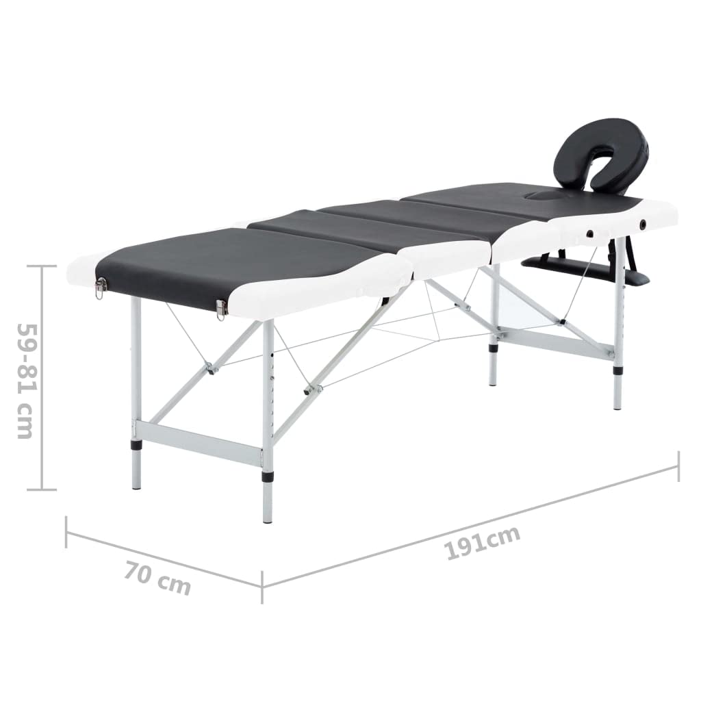 Massageliege klappbar 4-Zonen Aluminiumgestell schwarz und weiß mit höhenverstellbarer Kopfstütze Armlehne und Dicker Polsterung für Praxis Studio Spa und Mobile Physiotherapie