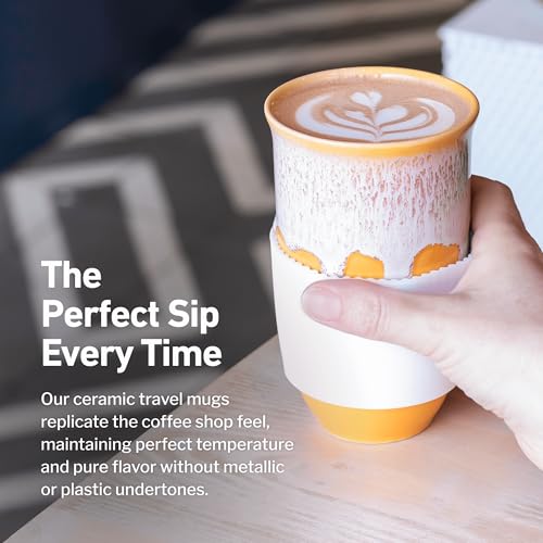 Image of NOVA CERAMICS Ceramic Tumbler- Ceramic Travel Mug With Lid - Microwave & Dishwasher Safe Coffee White & Orange Tumbler - Gifts For Women Men Him Her - 16oz - Grapefruit