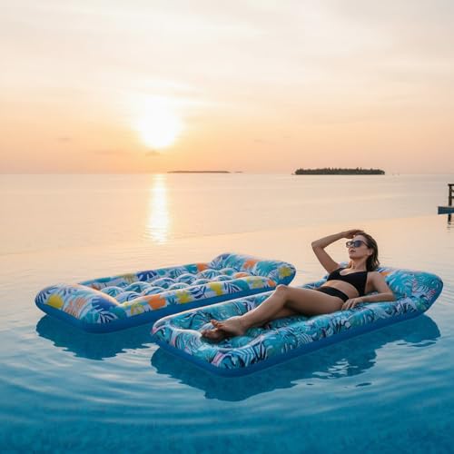 Auspicious Rain 2 Pack Inflatable Pool Float Mat, Lounger, Multi-Purpose Swimming Toys for Pool Party, Summertime Beach, Outdoor，Giant Pool Floats Adult Size with Headrest, (‎Colorful 2 Pack)