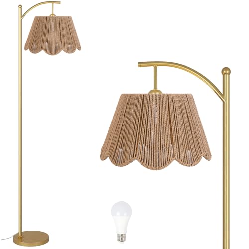 Image of Arc Floor Lamp for Living Room with Remote Control，Rattan Boho Floor Lamp with Hand-Woven Wicker Shade, Foot Switch, Gold /Silvery Metal Base & Pole,Standing Lamp for Bedroom (Gold&Paper Rope)
