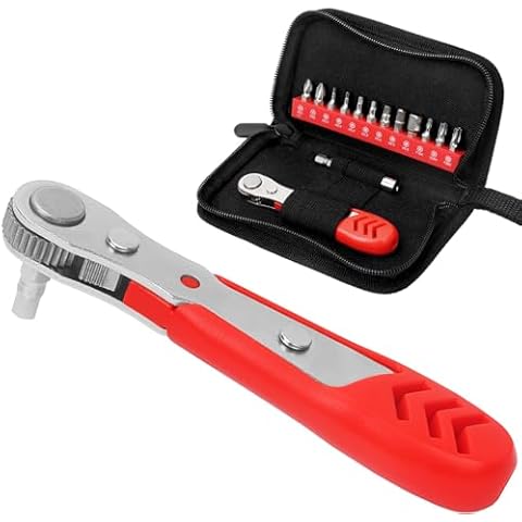 STREBITO Right Angle Screwdriver 14 Piece Mini Ratchet Set, Offset Screwdriver Low Profile Ratchet Screwdriver Set with 1/4 Ratchet, Hex, Phillips, and Torx, EDC Bit Driver for Tight Spaces, Bike Cover