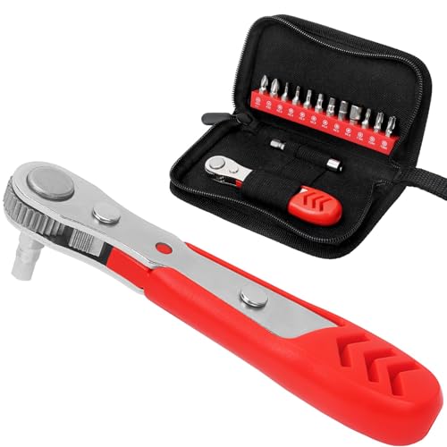 Image of STREBITO Right Angle Screwdriver 14 Piece Mini Ratchet Set, Offset Screwdriver Low Profile Ratchet Screwdriver Set with 1 /4 Ratchet, Hex, Phillips, and Torx, EDC Bit Driver for Tight Spaces, Bike