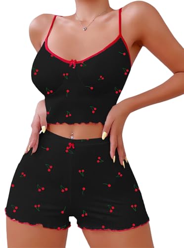 Image of Hilinker Womens Graphic Print Ribbed PJ Set Crop Cami Tops and Shorts Cute Pajamas Set