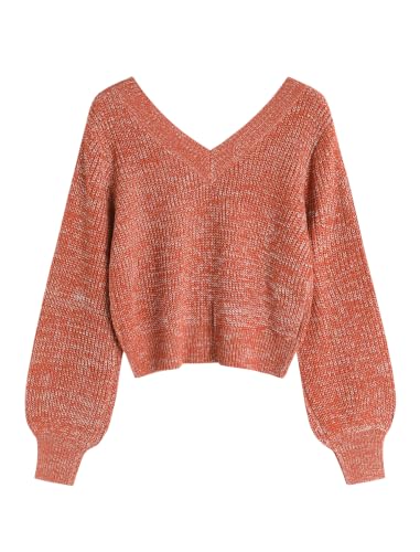 Image of ZAFUL Women's Cropped Sweater V-Neck Long Sleeve Pullover Jumper Knit Top