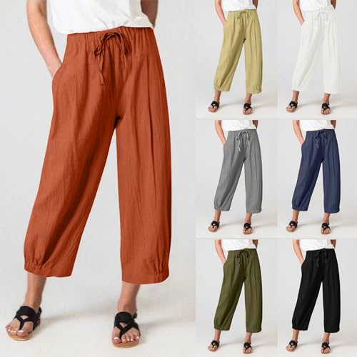 TBA Women's Casual Pants Summer Wide Leg Capris Drawstring Elastic High Waist Cotton Cropped Trousers with Pockets2
