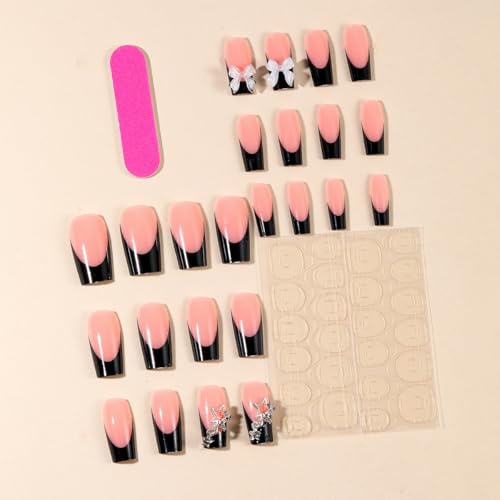 Image of Black Press on Nails French Tip Fake Nails Bow Glue on Nails with Star Design Medium Square False Nail Reusable Artificial Acrylic Glossy Full Cover Stick on Nail for Women Manicure 24Pcs