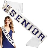 Senior Sashes - Class of 2026 Senior Gold & Navy Premium Grade White Satin Sash - Gold School Colors - White Sash (Gld/NVY) Wht