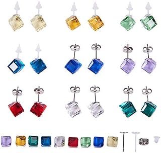 SUNNYCLUE 1 Set DIY 9 Pairs Crystal Cube Stud Earring Making Starter Kit Include Stainless Steel & Plastic Blank Earring Pin Studs Findings Posts, Cube Glass Cabochons and Earring Backs, Mixed Color