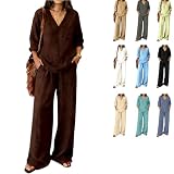 Women Linen Sets 2 Piece Outfits,Linen Sets For Women 2 Piece Long Sleeve V Neck Top Matching Wide...
