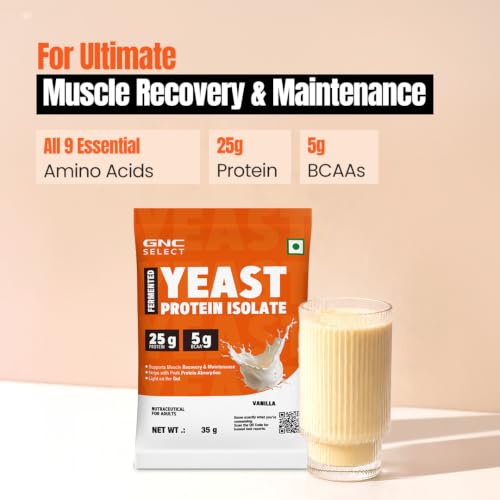 Image of GNC Select Yeast Protein | 25g Protein, 5g BCAAs | Fermentation-Grown | Added Protease | Non-Dairy, 100% Veg, No Added Sugar | Digestive Support | Vanilla, 2lbs