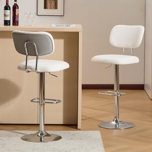 Furniliving Adjustable Bar Stools Set of 2, Modern Teddy Velvet Swivel Barstools with Curved Back, Stylish Armless Counter Height Bar Stools Bar Chairs for Kitchen Island, Bar, Grey
