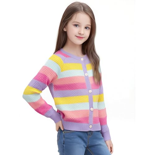 Danny D Girls Ombre Cardigan Kids Rainbow Sweater Striped Button Up Long Sleeves Knitwear Open Front Crew Neck Tops