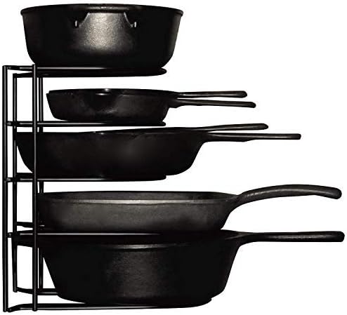 Extreme Matters Heavy Duty Pot and Pan Organizer Holder - Holds Cast Iron Skillets, Pots, Frying Pan, Lids - Durable Steel Construction Griddles and Shallow Pots - Space Saving Kitchen Storage - Black