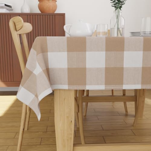 Image of Encasa XO Cotton Square Table Cloth for 4 Seater | (140x140 cm) | Buffalo Beige Checks | Dining Tablecloth for Decoration