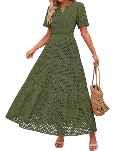 Image of ZESICA Women's 2026 Summer Short Sleeve Maxi Dress Casual V Neck Hollow Out Eyelet Ruffle Swing A Line Long Dresses