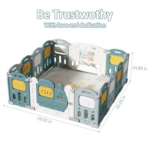 Image of Dawnwake Foldable 14 Panel Playard, Baby Playpen Fence with Crawling Mat and Football for Baby Upto 8 Years with Safety Locking Door & Drawing Board (150 x 150cm, Assembly-Free) -Green