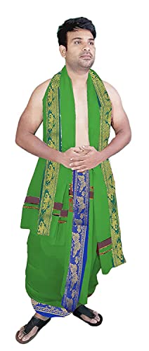 Image of TUNI MANI Men's Panchakacham Dhoti with Angavasthram Towel, Jari Border, 100% Cotton, Size: 9 X 5 (4.0mtr Dhoti, 2.25mtr Towel) (Unstitched)