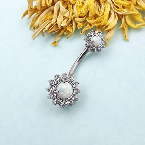 Excepro 14G(1.6Mm) Double Round Cubic Zircon Filigree Opal Center 316L Surgical Steel Belly Button Rings Navel Rings Belly Piercing #TOP3