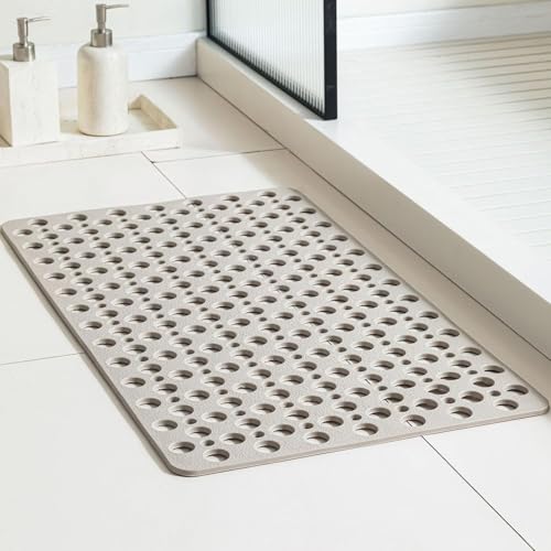 Casa and Beyond Shower Mat Non Slip Bath Mat and Shower Mat with Suction Cups and Drain Holes Easy to Clean Soft Machine (Khaki 27.6 x 15 (Rectangular))