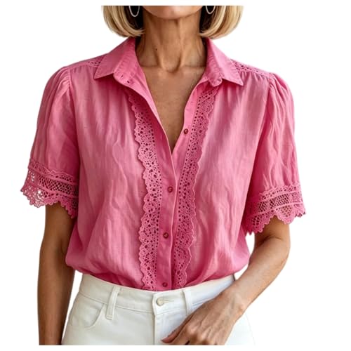 Womens Button Down Shirts Short Sleeve Lace Trim Blouses Summer V Neck Collared Button Up Tops Office Blouse (Rose Red,5X-Large)