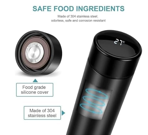 Image of MKY Vacuum Insulated Water Bottle, Stainless Steel, Smart Temperature Dis. Leakproof, Reusable, for Office, Gym, and Travel