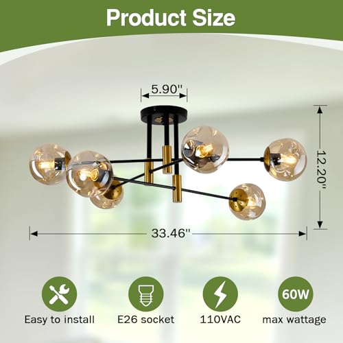 Image of 6-Lights Sputnik Ceiling Light Fixture Mid Century Modern Glass Globe Flush Mount Chandelier Black and Gold Farmhouse Lighting for Living Room Dining Room Bedroom Kitchen