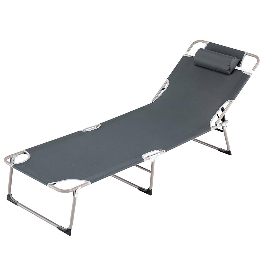 BAKAJI Lettino Prendisole da Spiaggia Grigio Pieghevole con Schienale Reclinabile, Sdraio con Struttura in Acciaio e Rivestimento in Tessuto Oxford Traspirante, Ideale per Mare, Giardino, Terrazzo