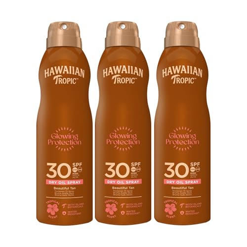 Hawaiian Tropic Protective Bruma Aceite Seco SPF 30 - Tripack Aceite Bronceador en Spray con Sabor a Coco y Mango, 180 ml - 3 unidades
