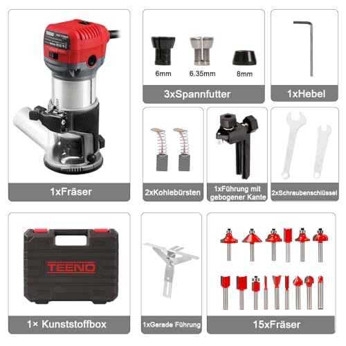 TEENO Oberfräse 800W 13000–33000 U/min mit Plastikbox, Elektrik Hand Holz Oberfräse Kantenfräse Mit 15 Stück 1/4 Fräsen Cuter,6 Geschwindigkeitsstufen, 3 Klemmen mit 1/4 Zoll (6 mm) und 8 mm