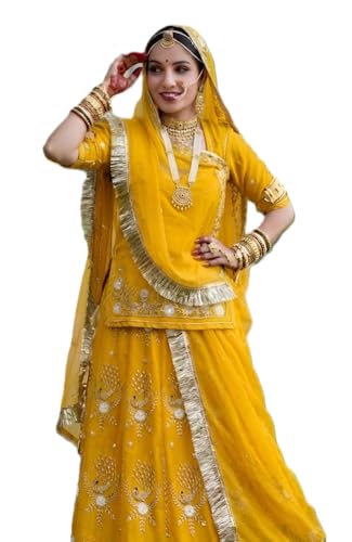 Image of Heavy Embroidery Work Semi Stitched Shimmer Silk Designer Rajputi Poshak For Women Rajasthani Lehenga Choli