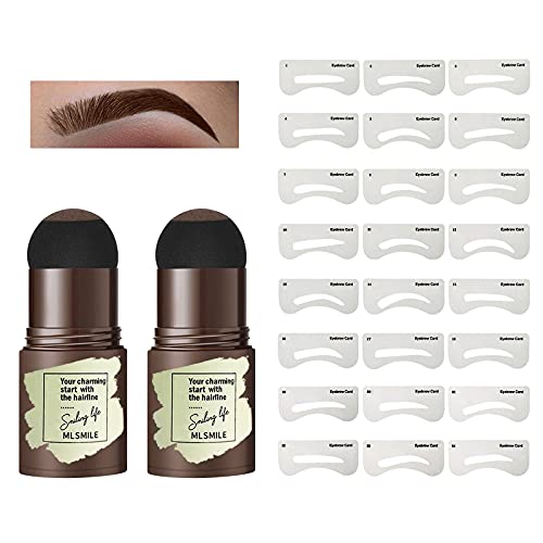 KYDA 2 Pcs Eyebrow Powder Stamp Kit, Waterproof Eyebrow Powder Stamp Shaping Set with 24 Eyebrow Styling Mode Card, Natural Longlasting Eyebrow Color, Hair Line Pen - Brown