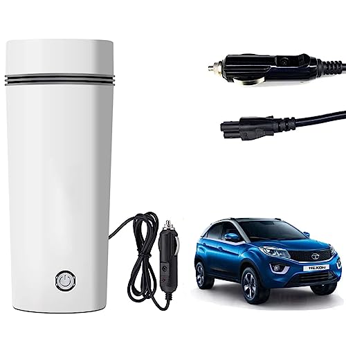 Image of Oshotto 12V Portable Electric Water Bottle for Hot Water Tea Coffee Kettle Mug Multipurpose Food Grade Fast Boil Auto Shut-off For Travel Camping, Road Trip Compatible with Tata Nexon (350ml) - White